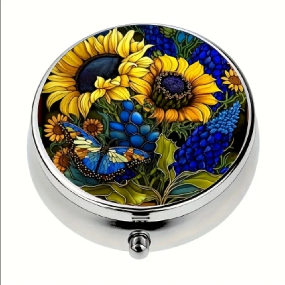 Floral Sunflower & Blue Butterfly Round Metal Pill Box. New!